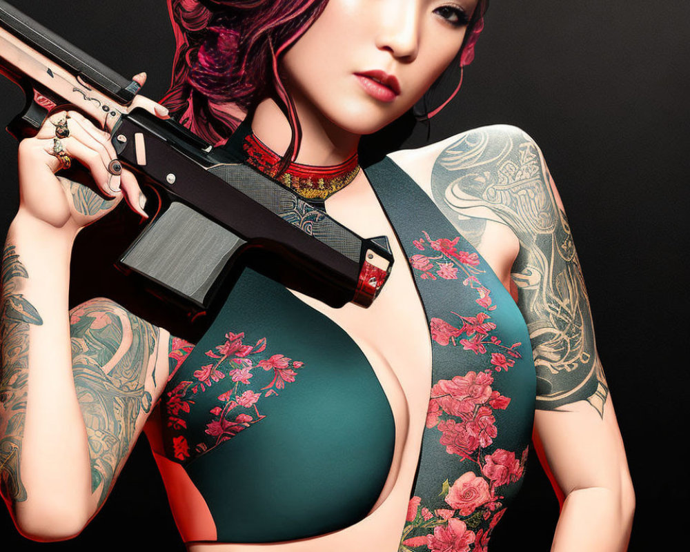 Digital artwork of a woman with tattoos holding a rifle in front of a dark background