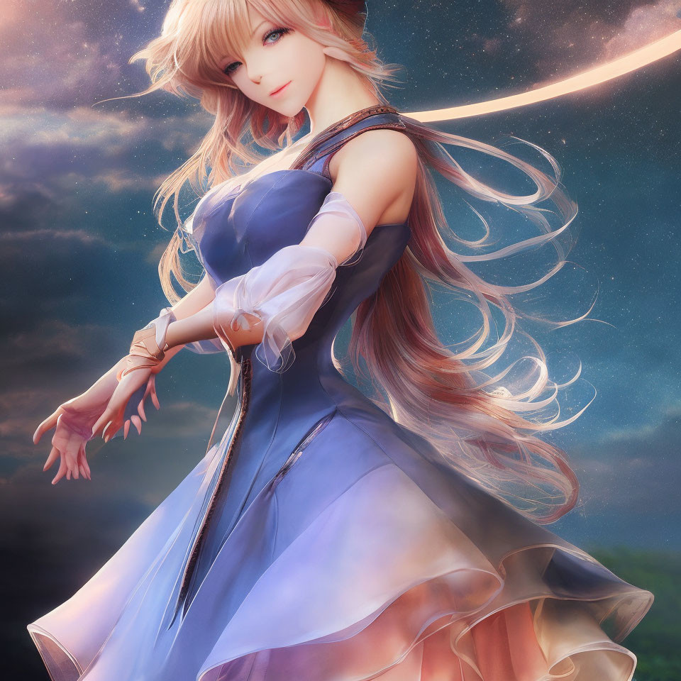 Illustration of female character in blue fantasy dress under crescent moon