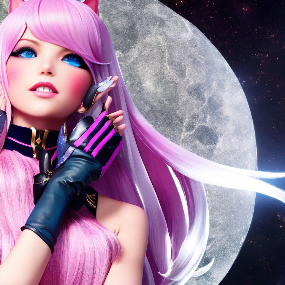 Vibrant pink-haired female character with glowing sword in cosmic moon setting