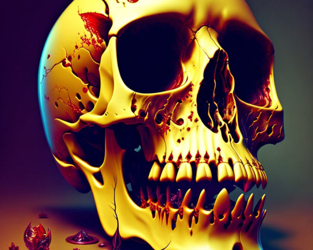 Golden Skull with Red Highlights on Dark Background with Crimson Leaves