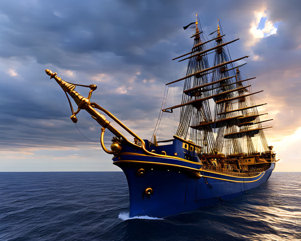 Majestic tall ship with multiple masts sailing at sunset