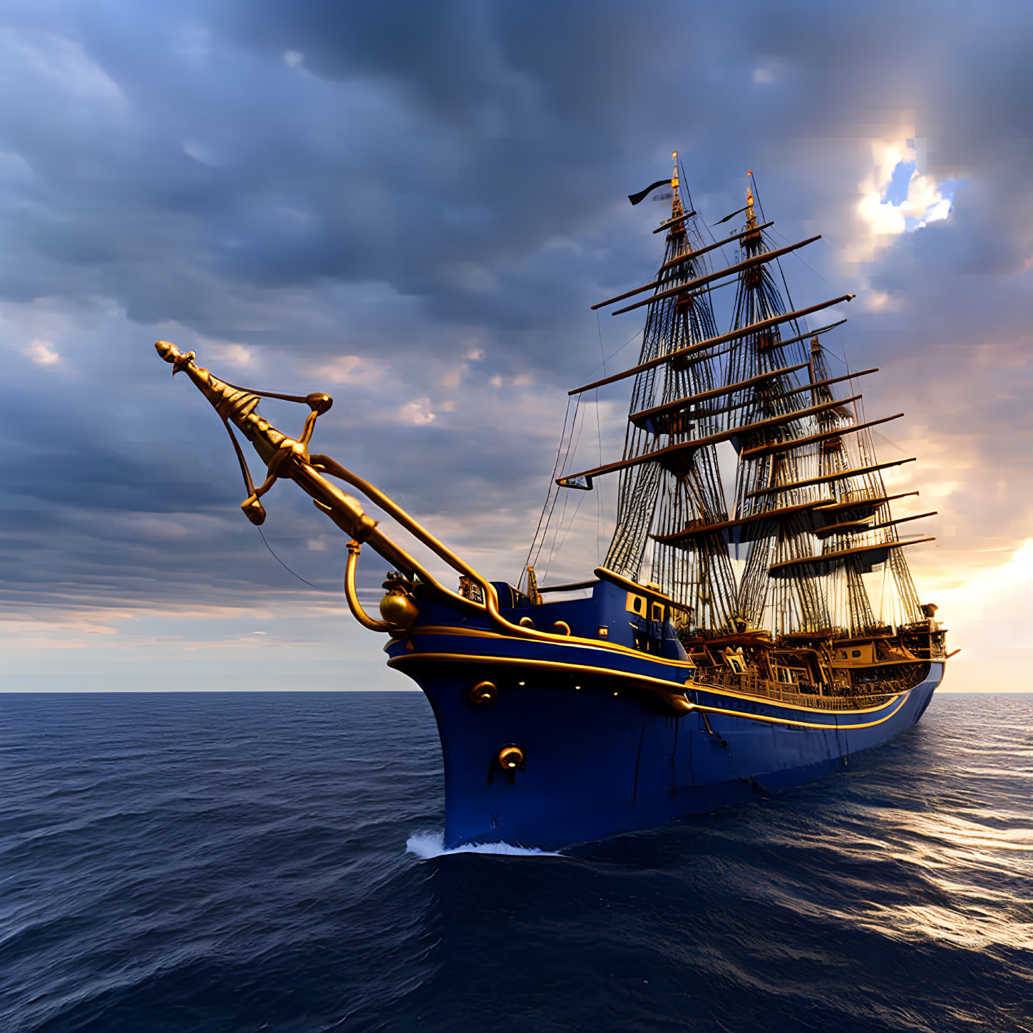 Majestic tall ship with multiple masts sailing at sunset