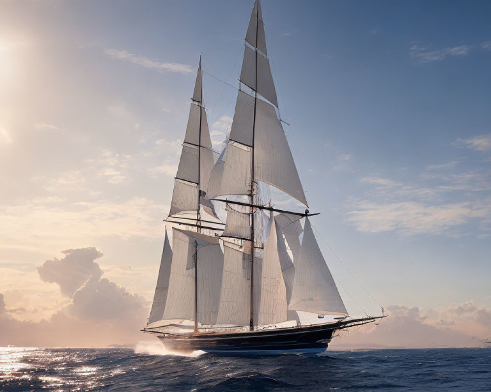 Sailing ship with multiple masts and billowing sails at sunset