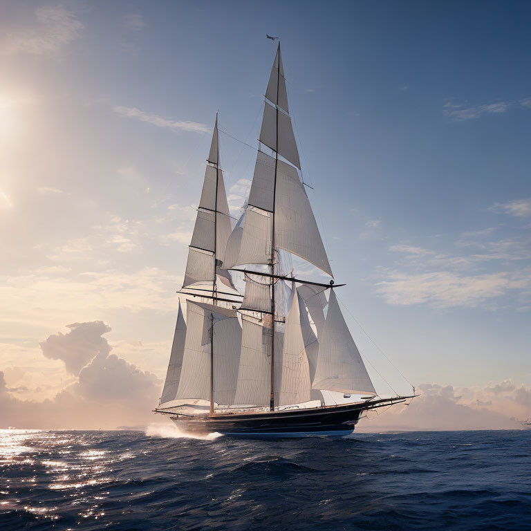 Sailing ship with multiple masts and billowing sails at sunset