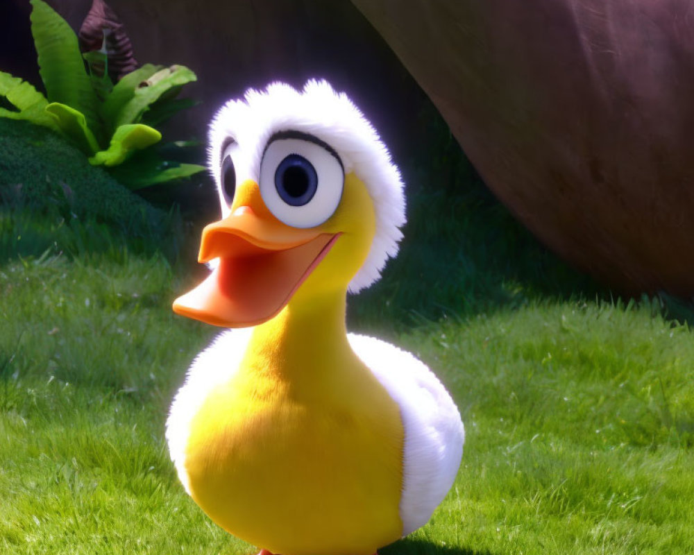 Fluffy animated duckling with big eyes and orange beak in sunny grassy area