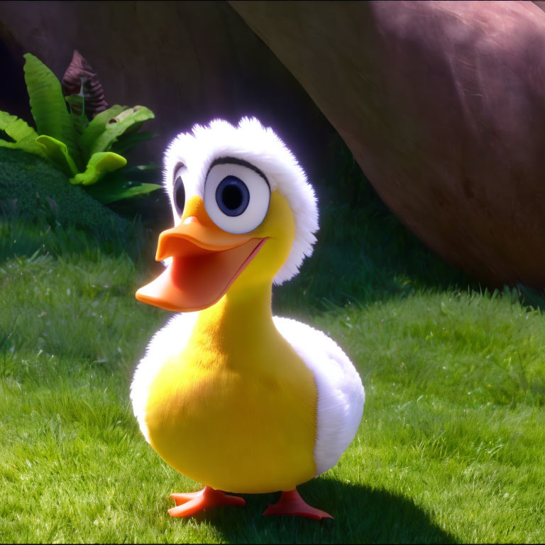 Fluffy animated duckling with big eyes and orange beak in sunny grassy area