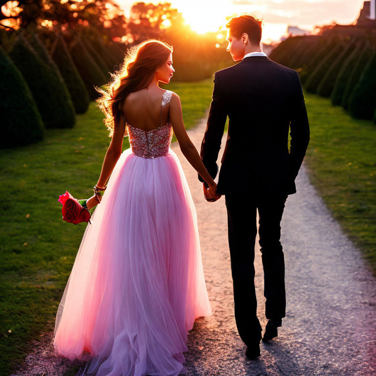 Elegant couple walking hand in hand on picturesque path at sunset