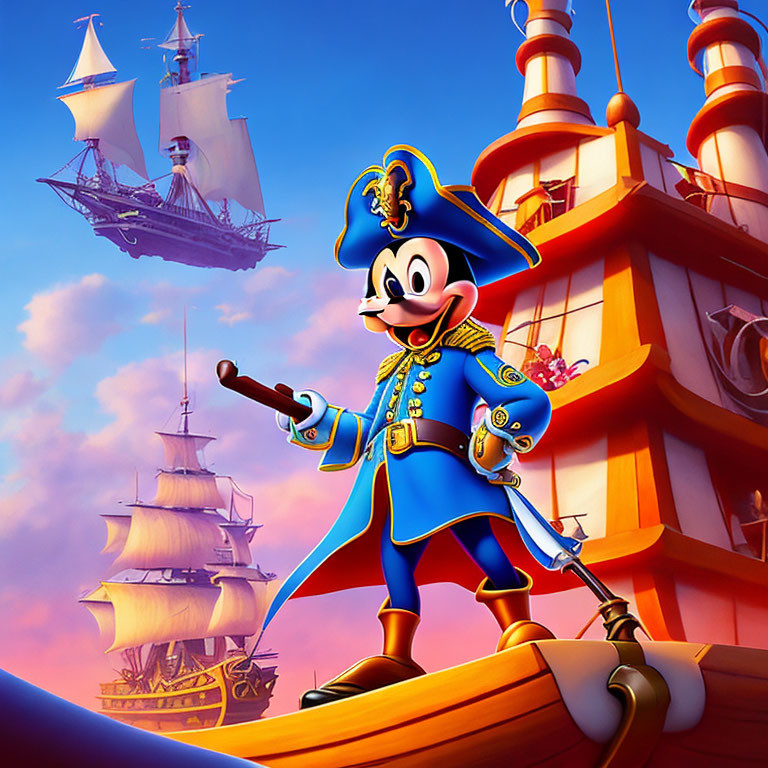 Animated Mouse Character in Captain's Outfit on Ship at Sunset