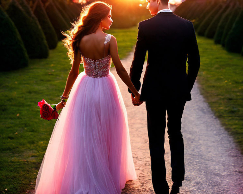 Elegant couple walking hand in hand on picturesque path at sunset