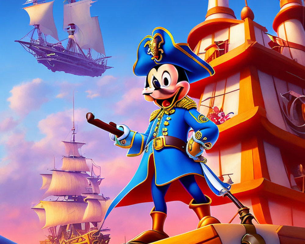 Animated Mouse Character in Captain's Outfit on Ship at Sunset