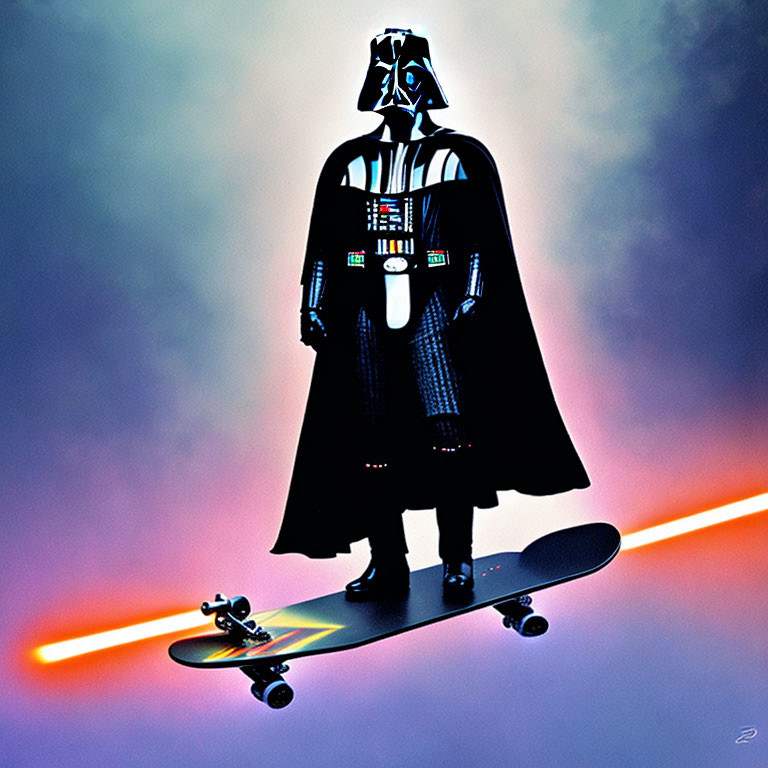 Stylized Darth Vader on Skateboard with Neon Light Trail