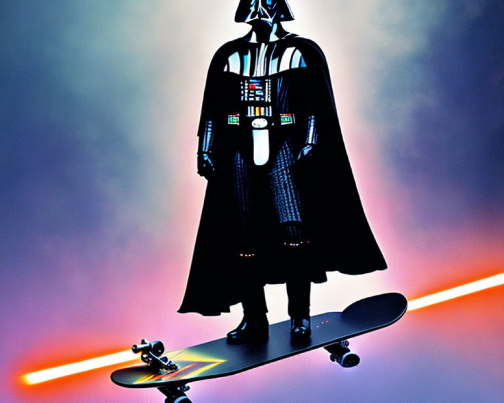 Stylized Darth Vader on Skateboard with Neon Light Trail