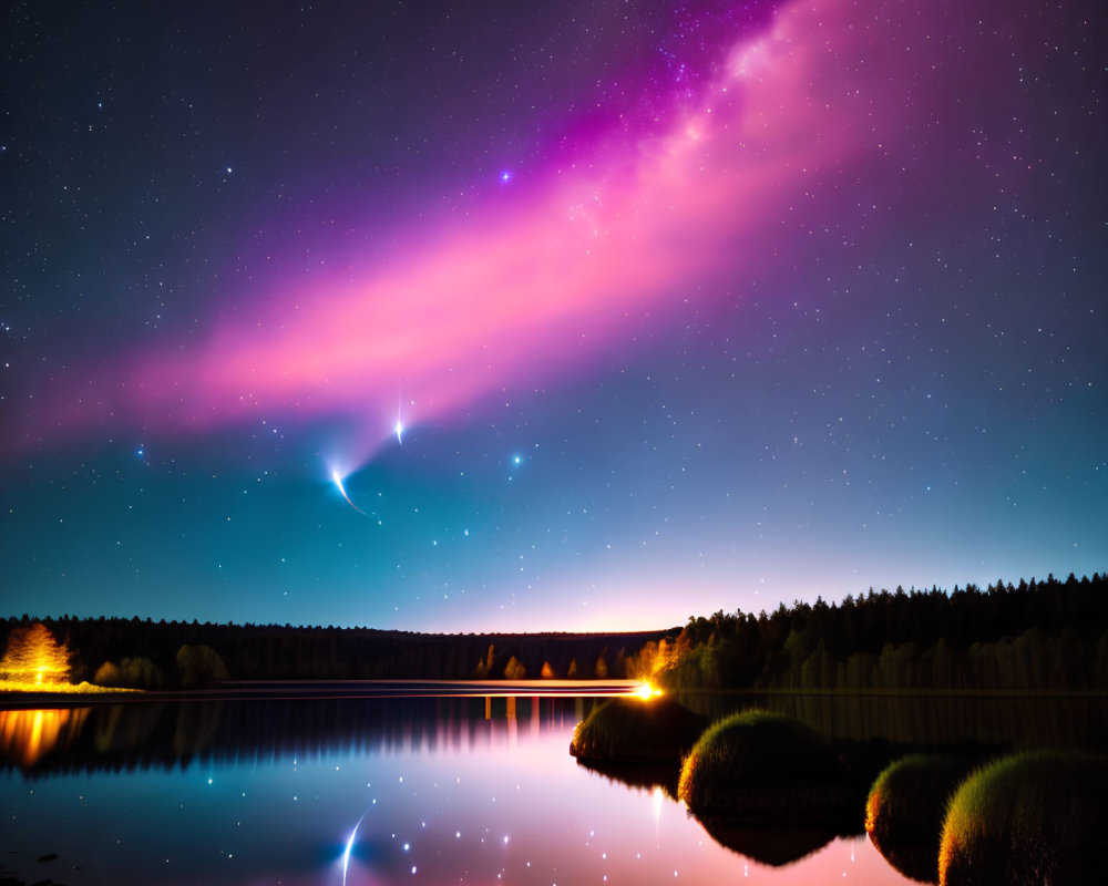 Vibrant pink and purple aurora over serene lake at night