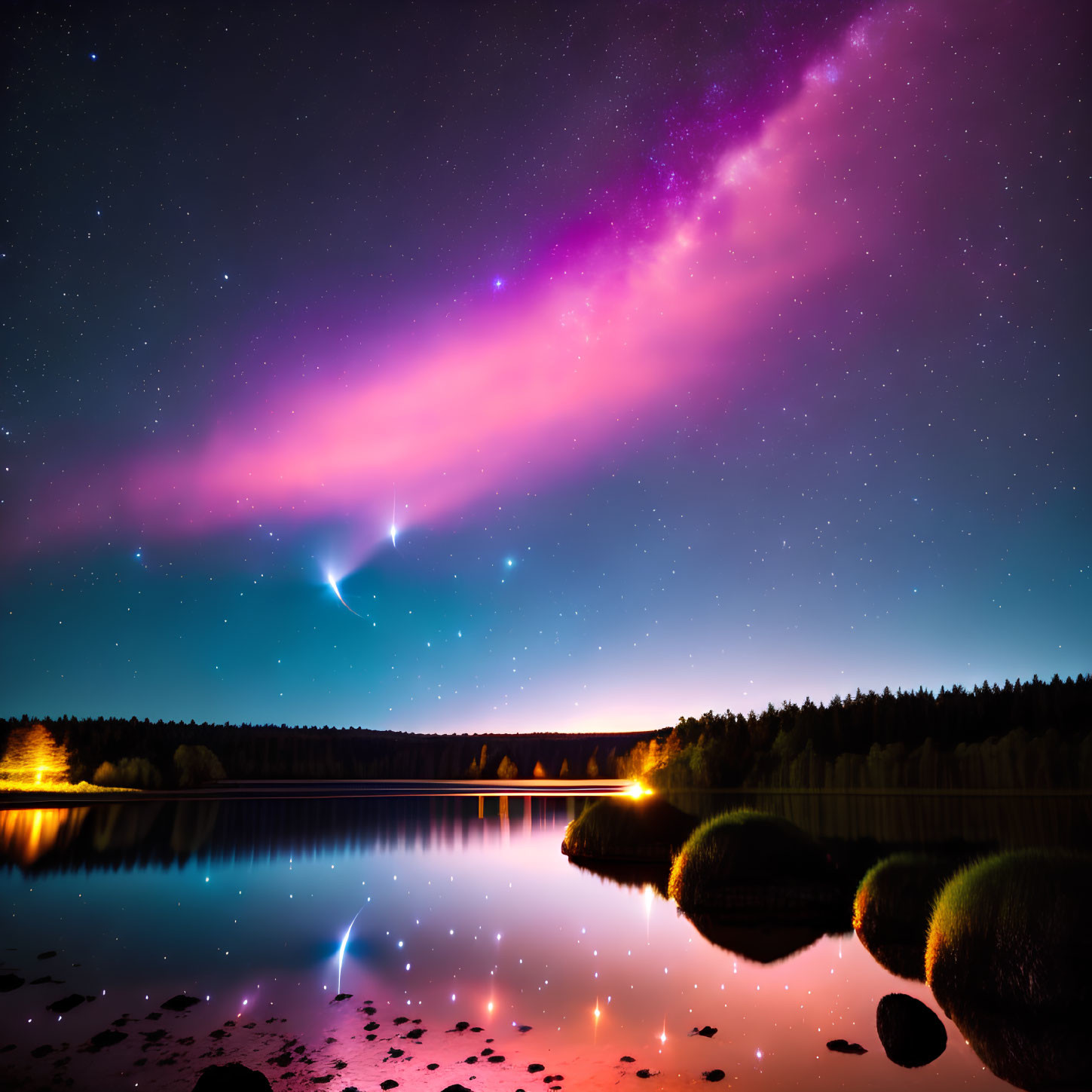 Vibrant pink and purple aurora over serene lake at night