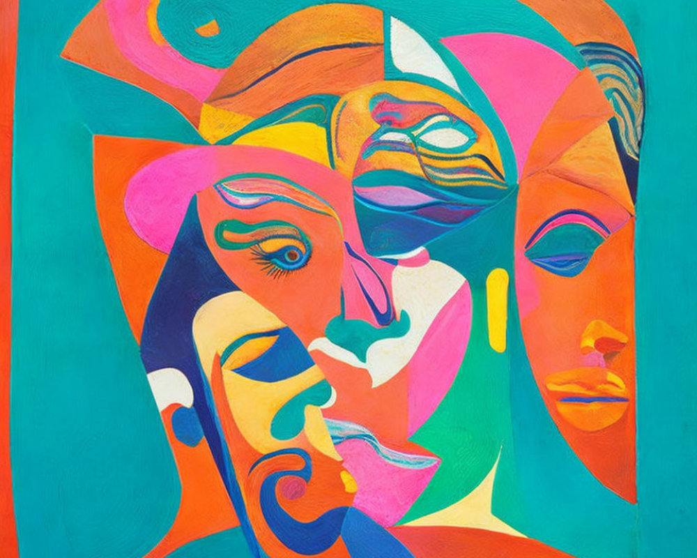 Vibrant Cubist painting of intertwined facial features in pink, orange, green, and blue