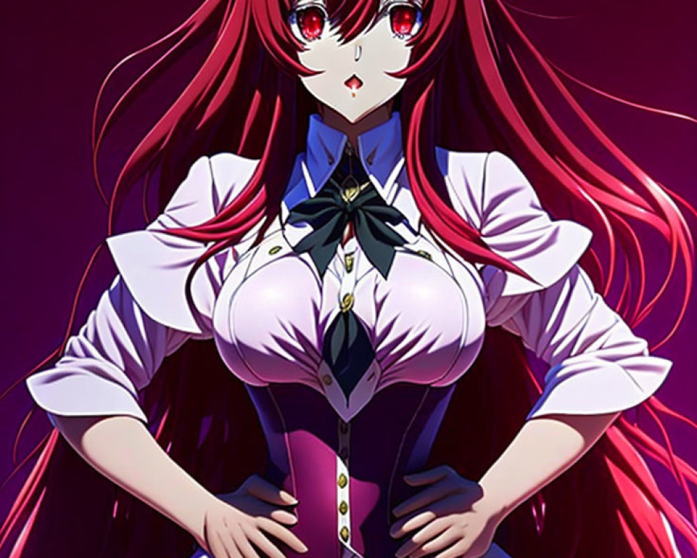 Anime character with long red hair and crimson eyes in black and white uniform with blue bow tie on pink