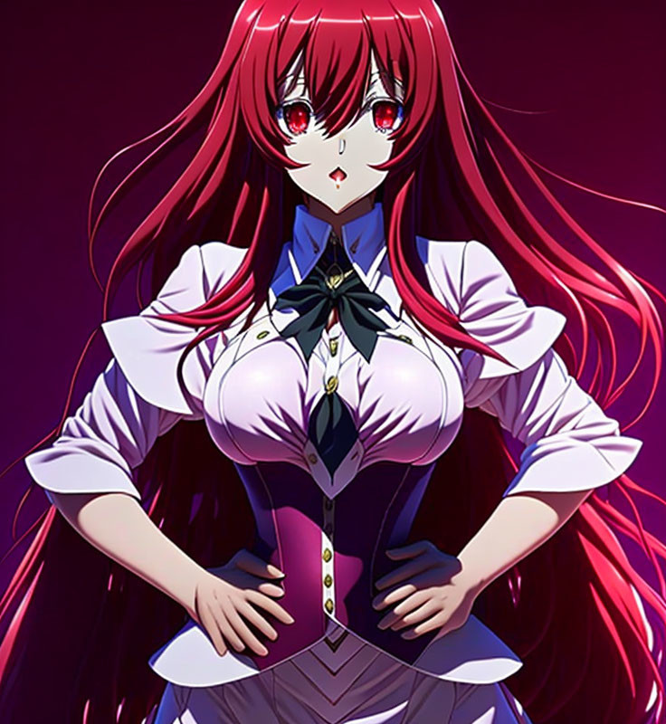 Anime character with long red hair and crimson eyes in black and white uniform with blue bow tie on pink