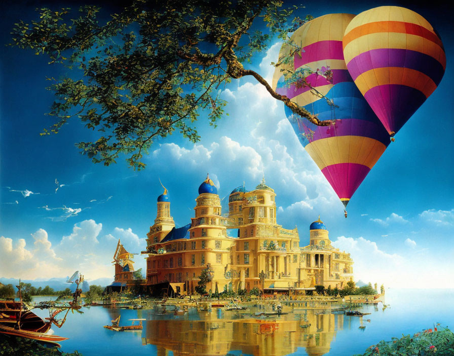 Fantastical painting of grand castle, hot air balloons, boat, and lush tree by lake