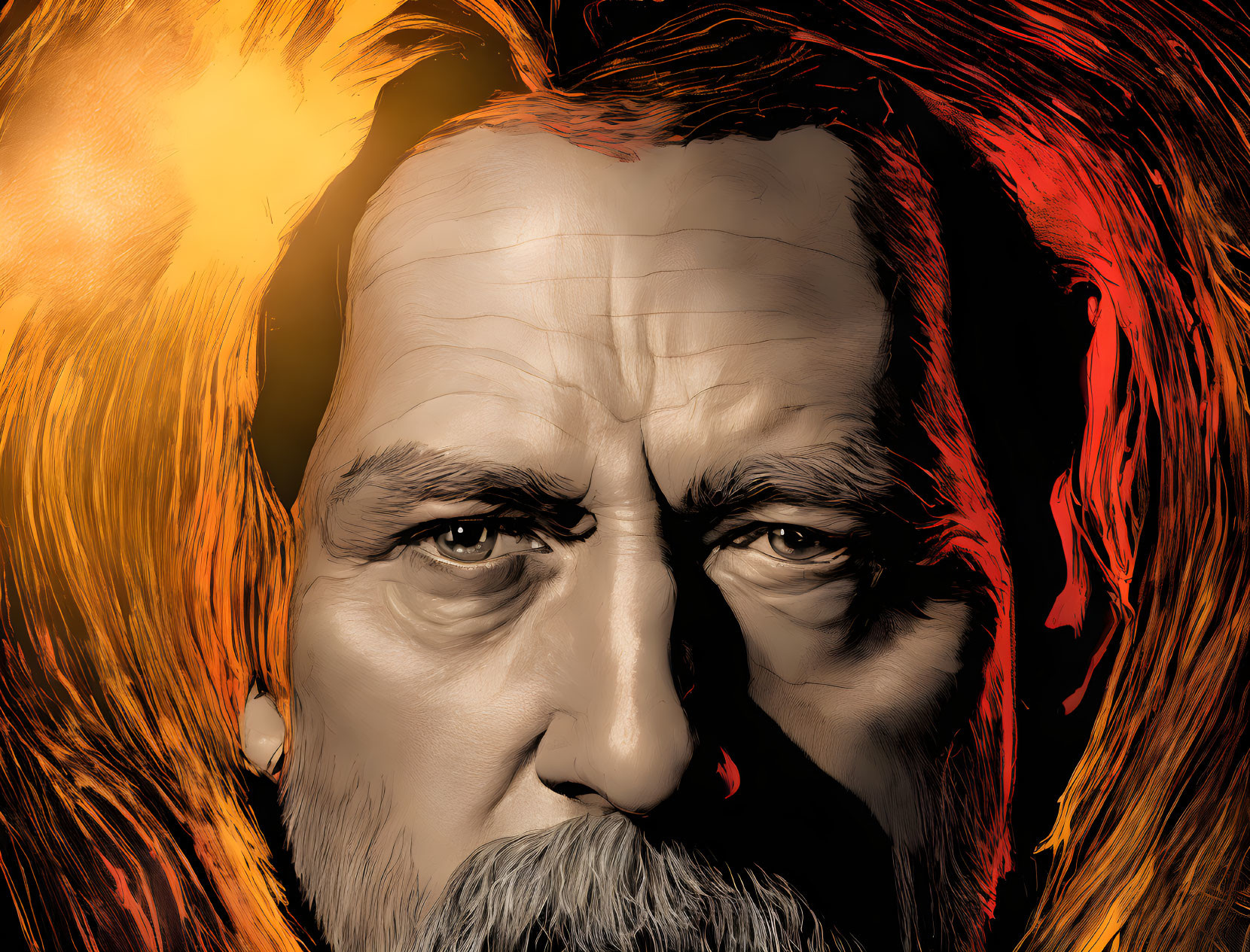 Digital artwork of stern-faced man with grizzled beard and dramatic lighting.