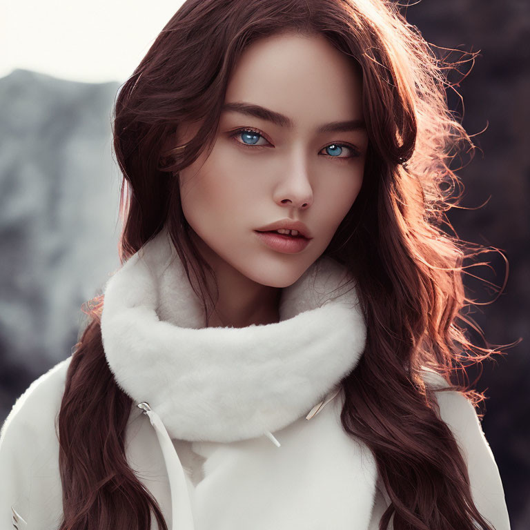 Woman with blue eyes and brown hair in white coat with plush collar