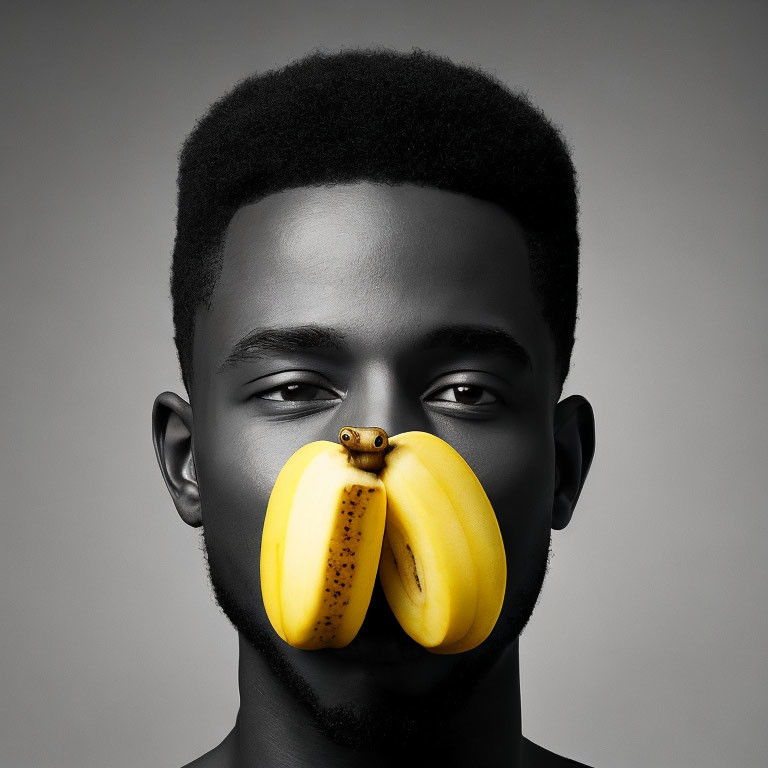 Monochrome portrait of a man with afro, banana covering mouth, frog on fruit