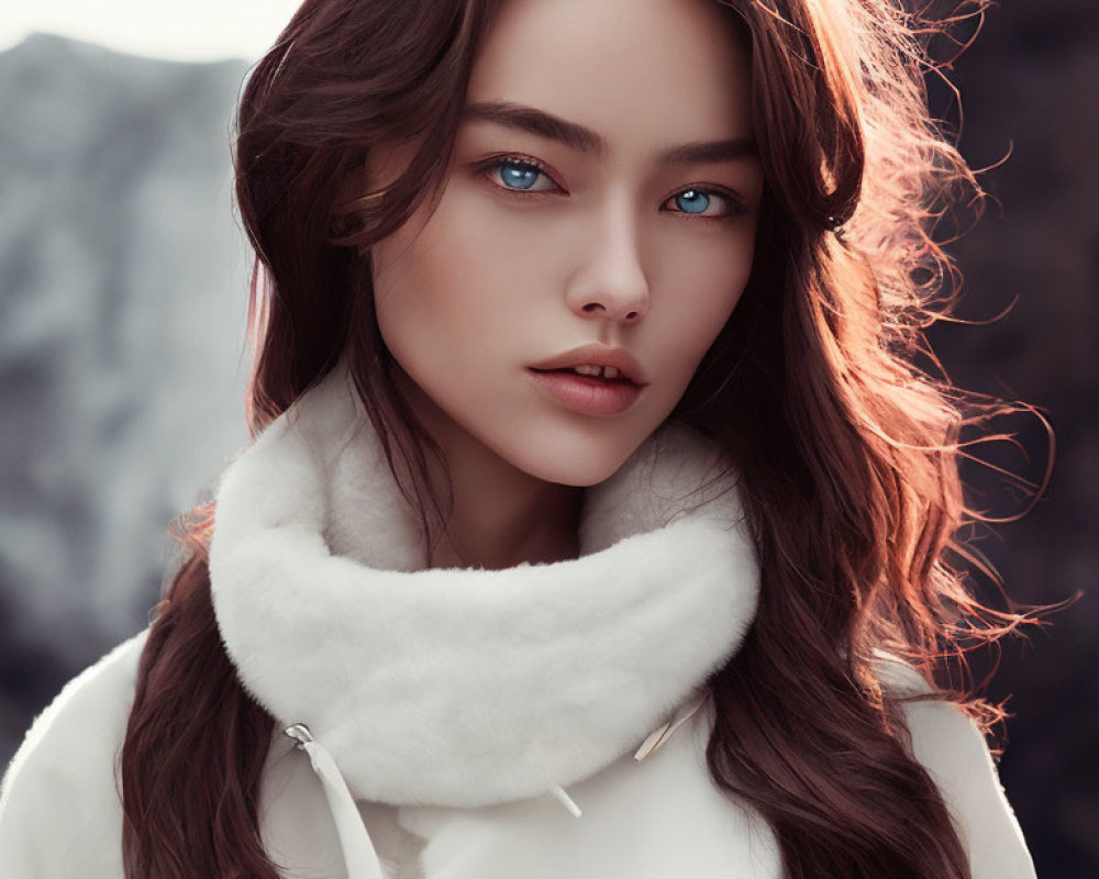 Woman with blue eyes and brown hair in white coat with plush collar