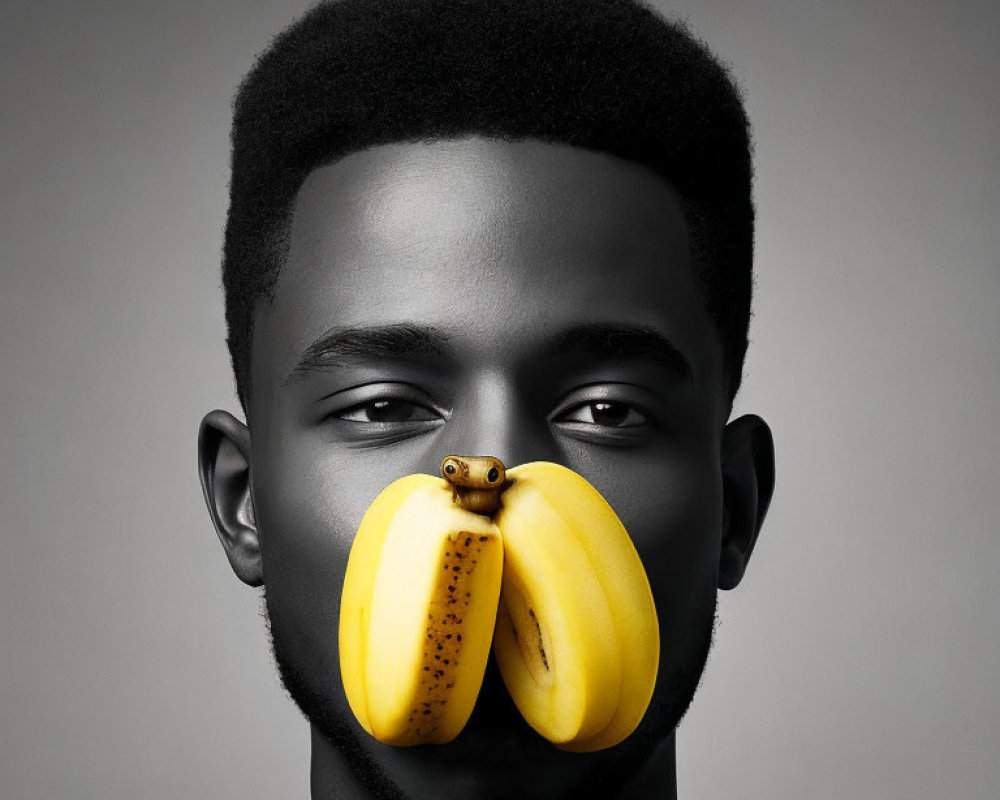 Monochrome portrait of a man with afro, banana covering mouth, frog on fruit