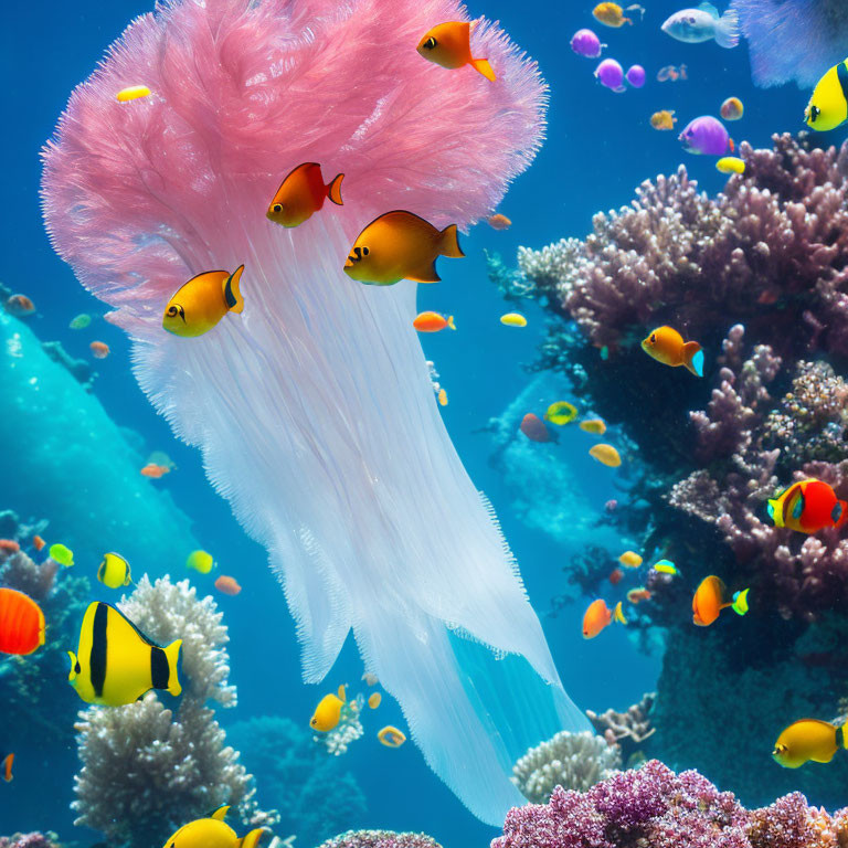 Colorful Underwater Scene: Pink Jellyfish and Tropical Fish in Coral Reefs