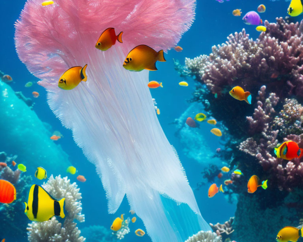 Colorful Underwater Scene: Pink Jellyfish and Tropical Fish in Coral Reefs