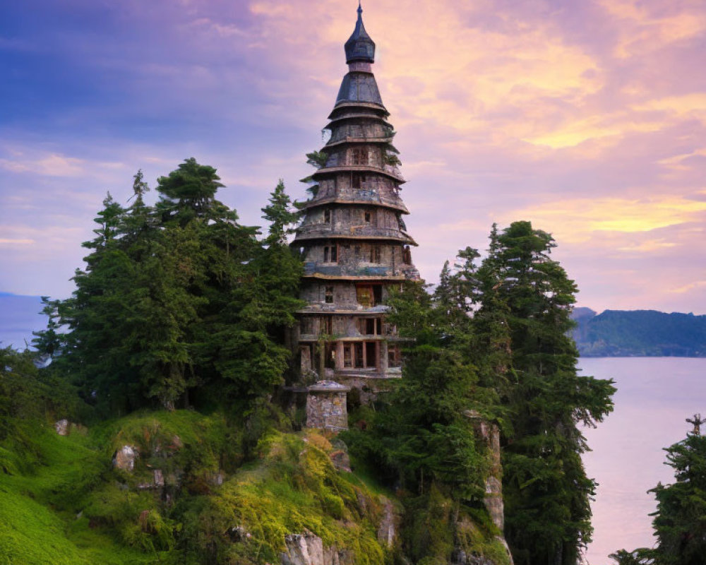 Multi-tiered Pagoda on Lush Hillside by Tranquil Lake