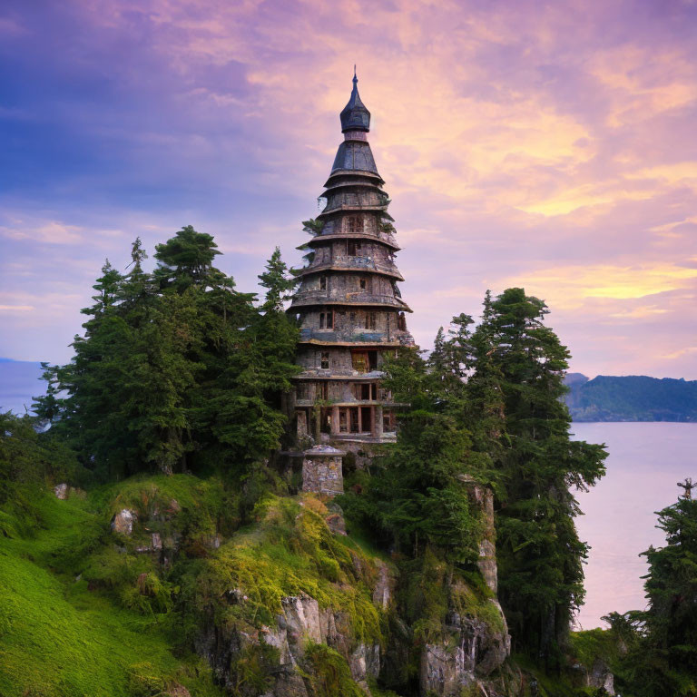 Multi-tiered Pagoda on Lush Hillside by Tranquil Lake