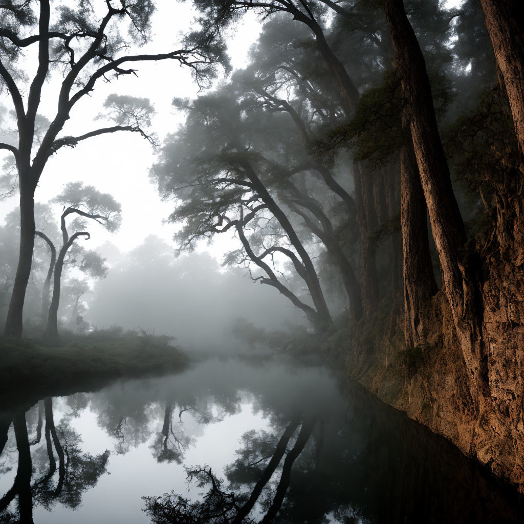 Misty Forest Scene with Tall Trees Reflected in River