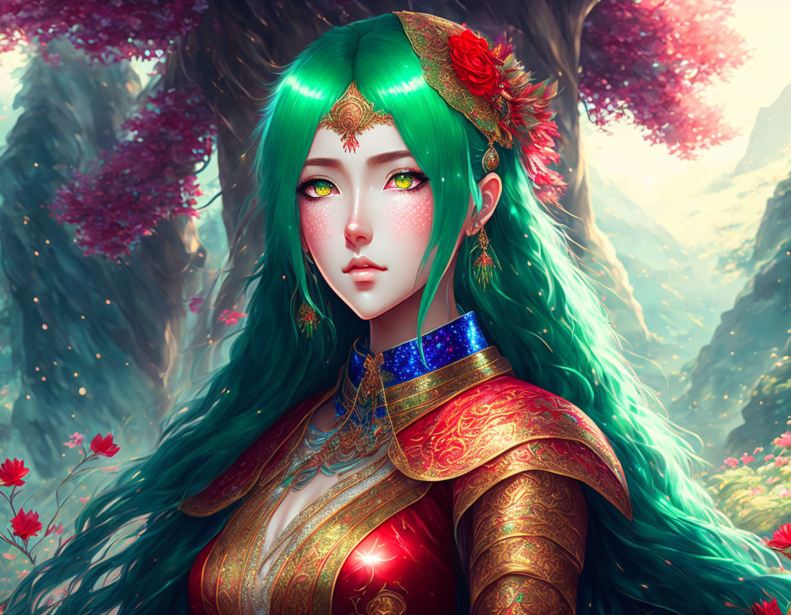 Illustration of woman with green hair and eyes in red floral accessories and golden attire among blossoming trees