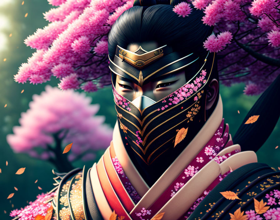 Illustrated samurai in ornate mask and armor with cherry blossoms background