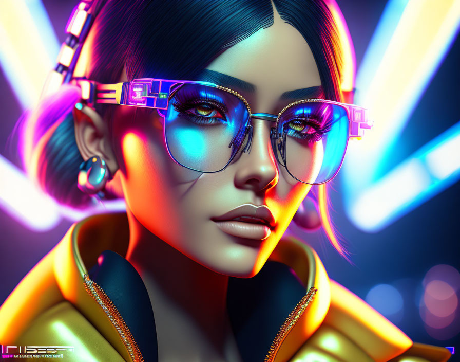 Colorful digital portrait of a woman with blue hair and neon-lit glasses in vibrant setting