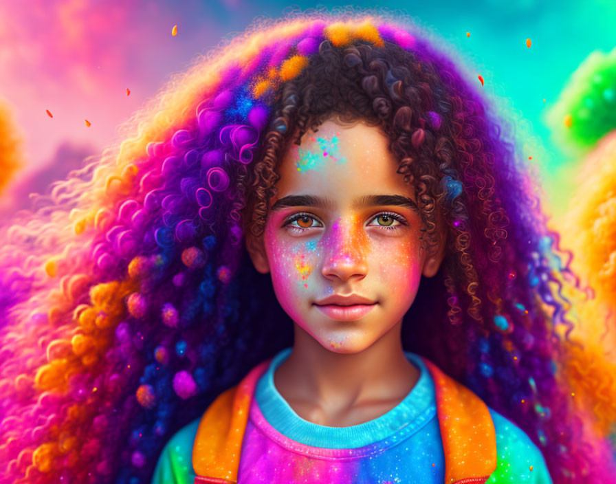 Colorful portrait of child with curly hair against dreamlike backdrop