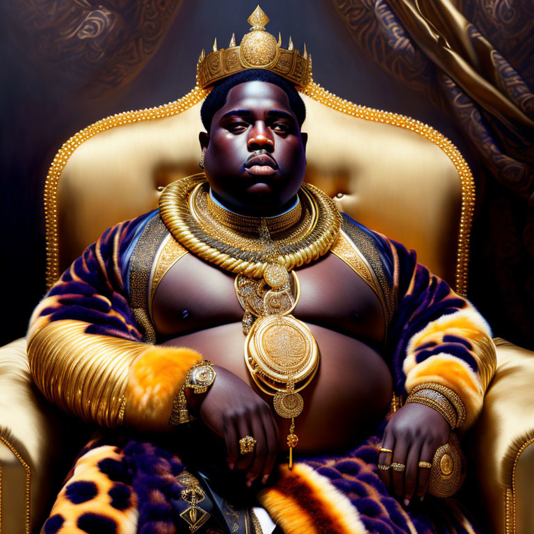 Regal person on throne with gold jewelry and crown surrounded by luxury