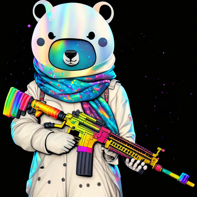 Colorful anthropomorphic bear with rainbow scarf holding painted rifle on starry background