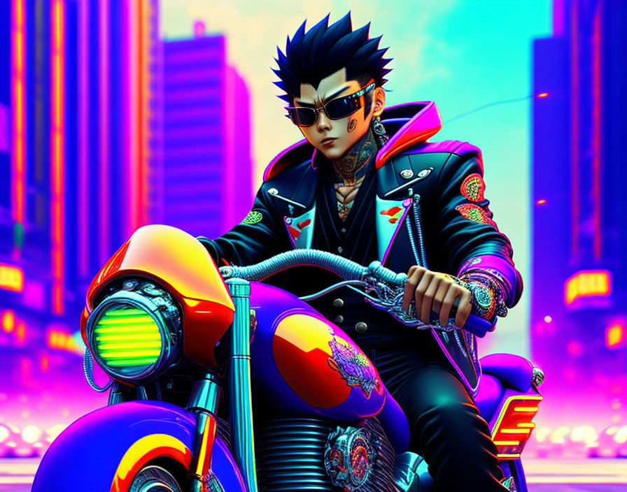 Stylized character with punk hairstyle on motorcycle in neon-lit cityscape