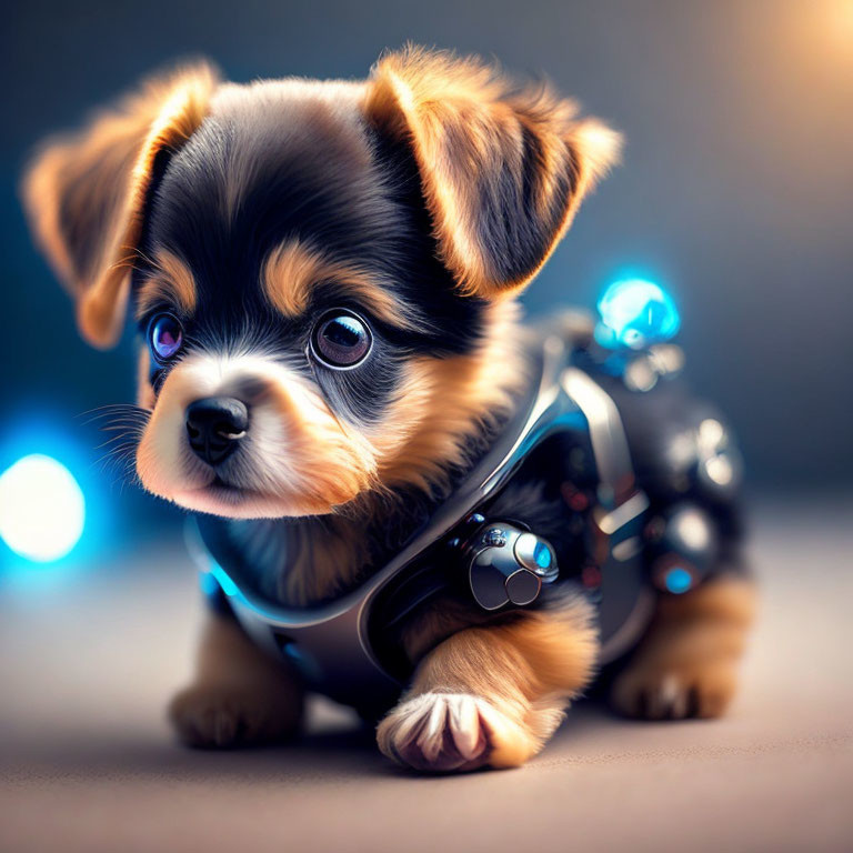 Adorable puppy with shiny robotic body and expressive eyes.