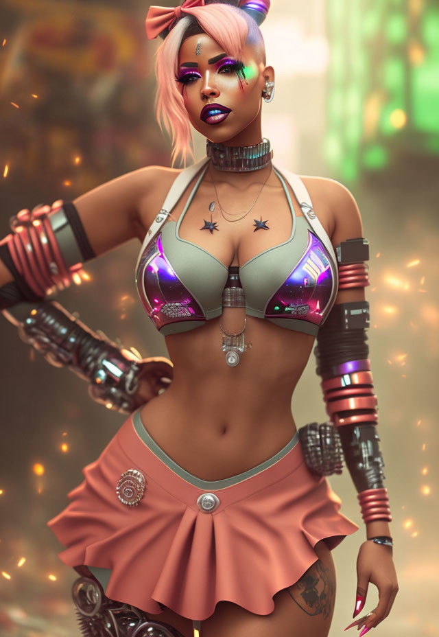 Futuristic character in vibrant urban setting with neon lights