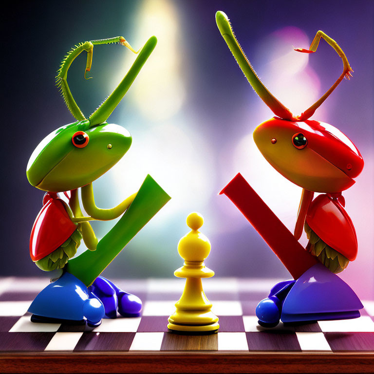 Vibrant 3D animated mantises playing chess on dramatic lit chessboard