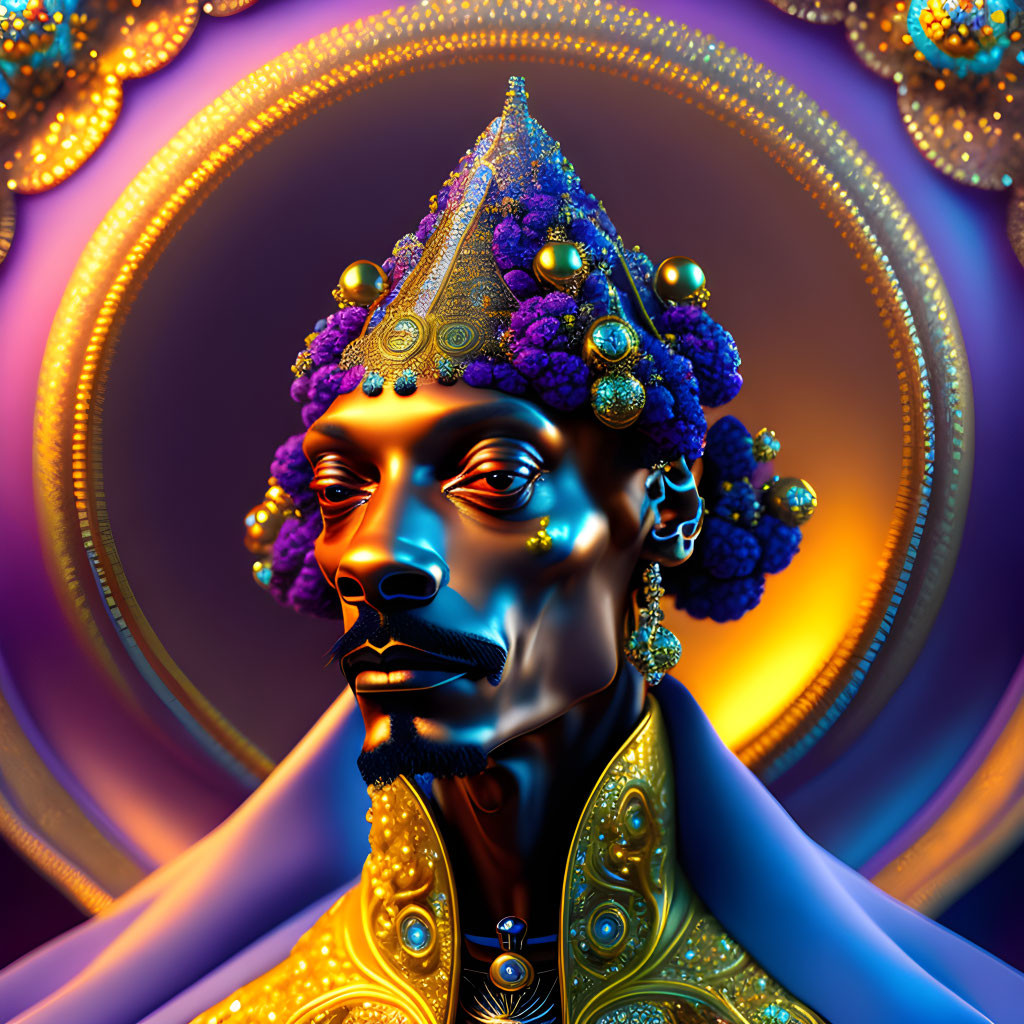 Colorful Digital Artwork of Stylized Person with Ornate Headgear and Jewelry