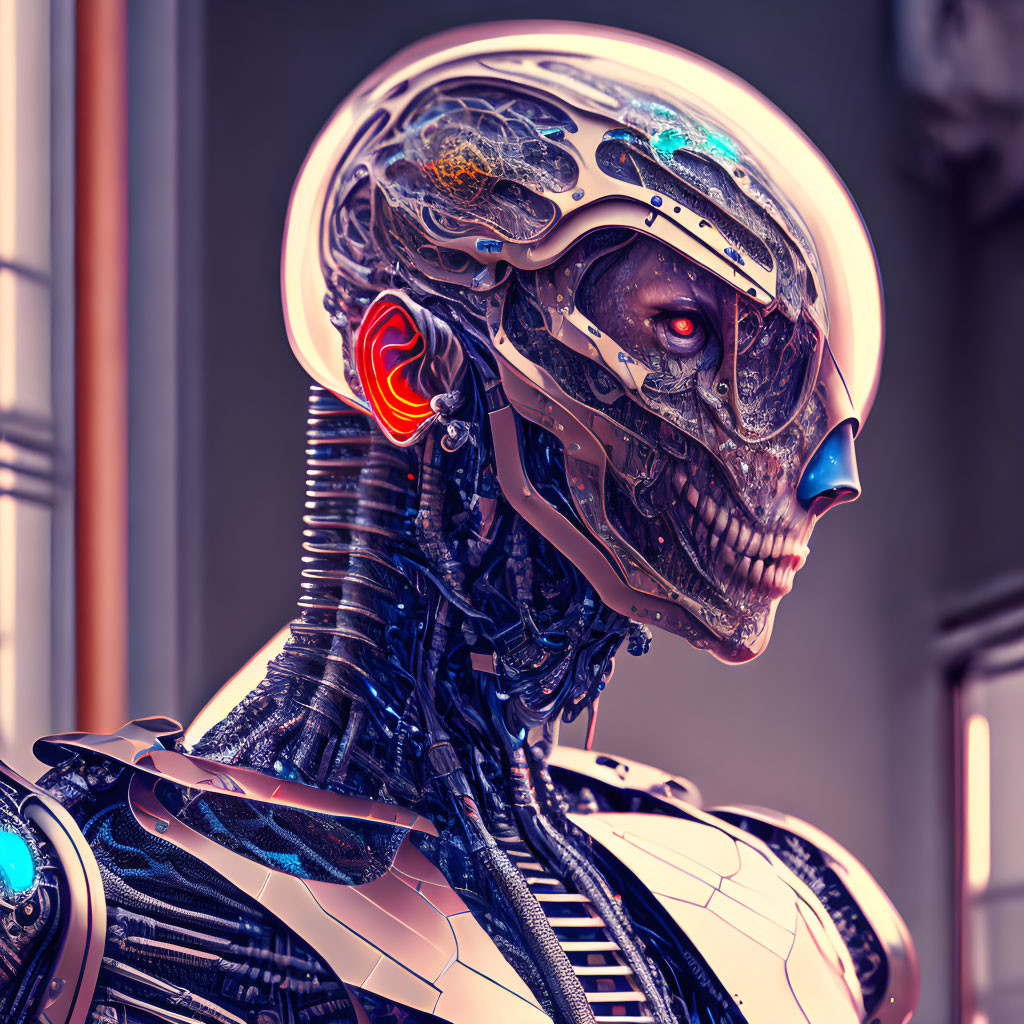 Detailed Human-Like Robotic Figure with Transparent Cranium