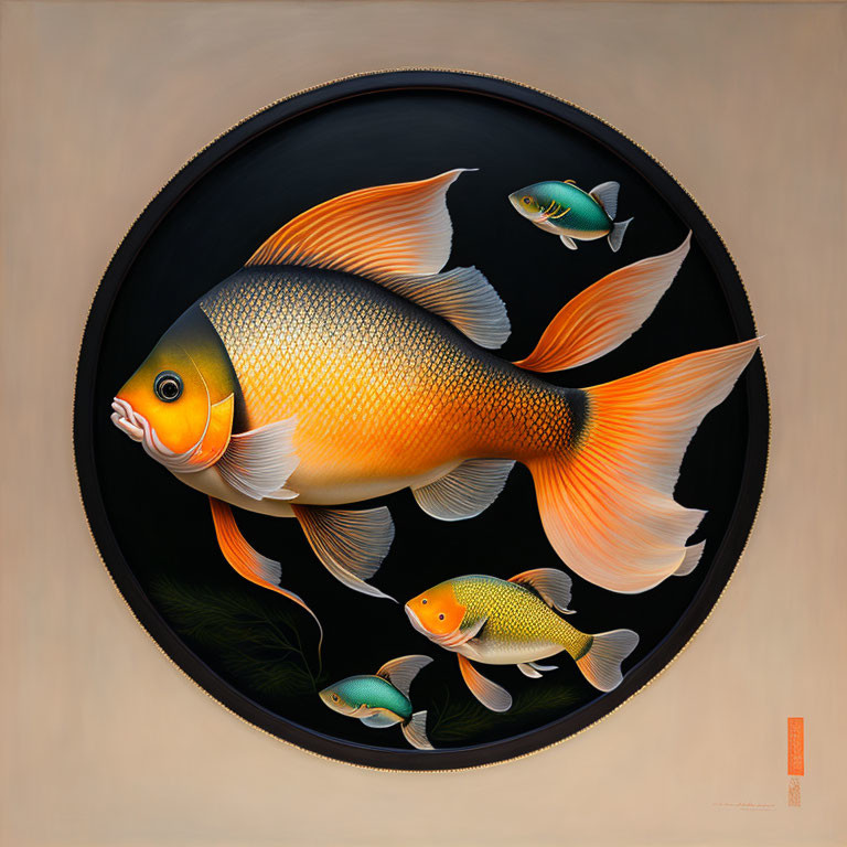 Colorful painting of large golden-orange fish with delicate fins and three smaller fish on tan background in circular