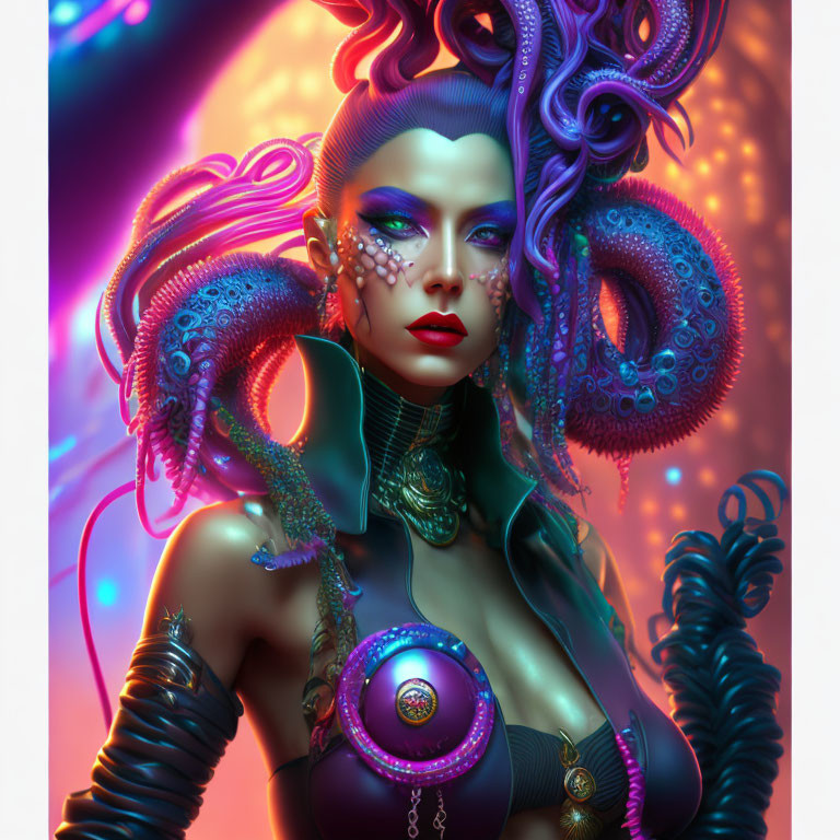 Vibrant purple-haired woman with octopus traits in neon-lit setting