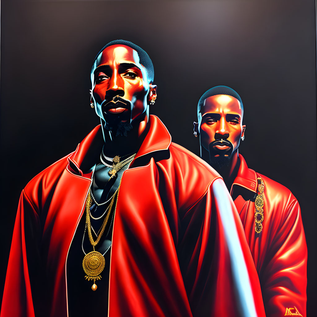 Stylized men in red jackets with gold chains on dark background