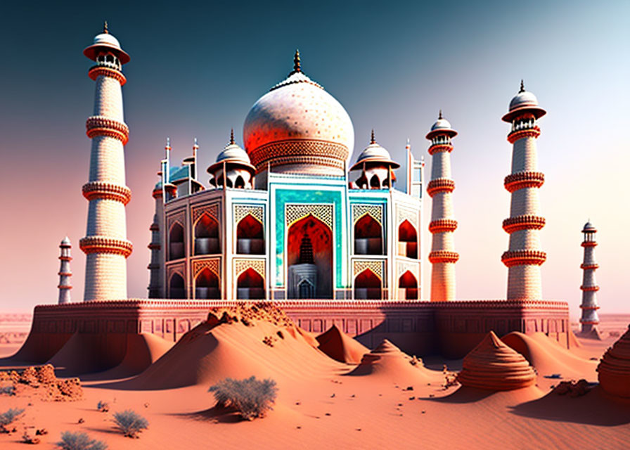 Taj Mahal with Sand Dunes in Desert Landscape