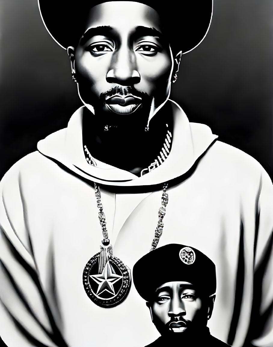 Monochromatic digital artwork of man with facial hair and hat, featuring star pendant necklace and stylized