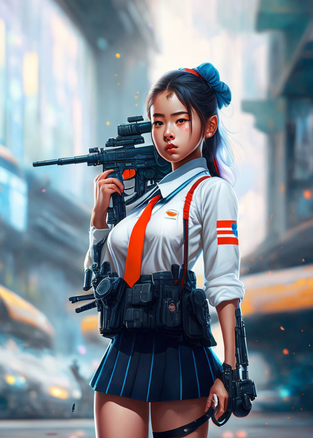 Digital artwork: Young woman with ponytails, futuristic gun, school uniform, tactical vest, sci-fi